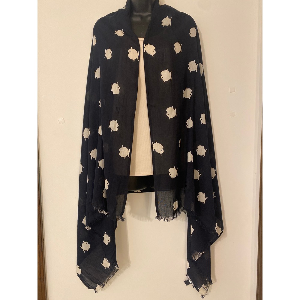 Banana Republic Black White Fish Print‎ Cotton Scarf Fringed Lightweight Wrap